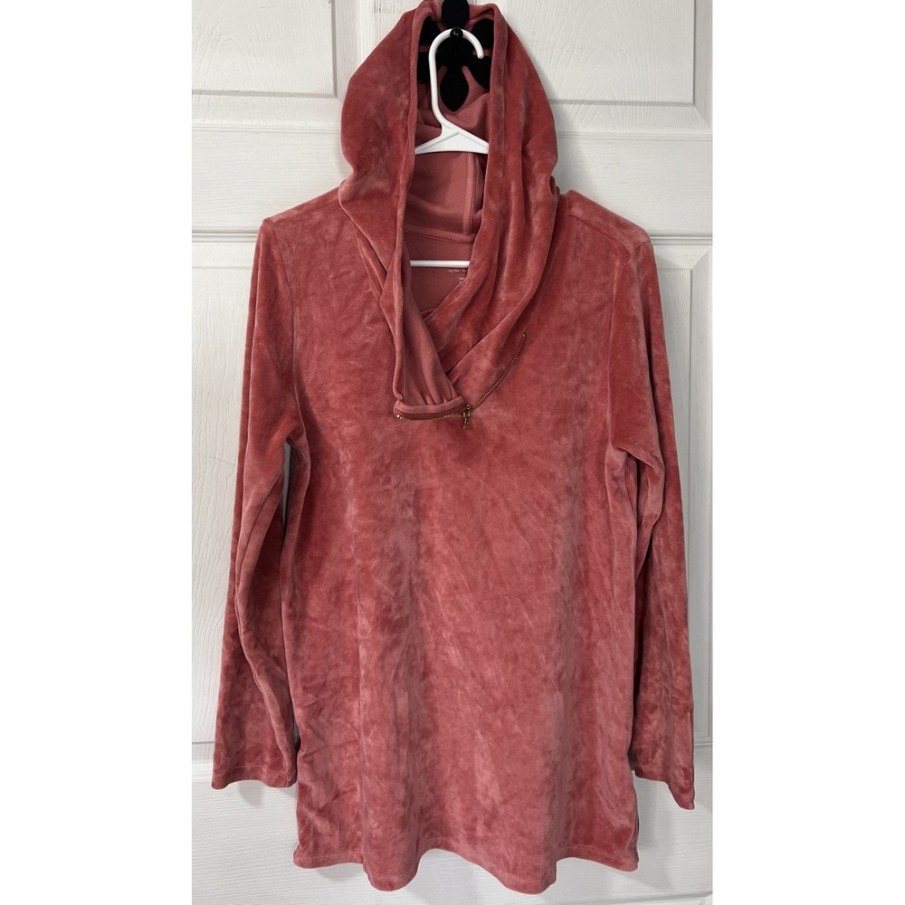 Soft Surroundings Long Sleeve Velour Pink Hooded Tunic-Zip Collar Small Petite